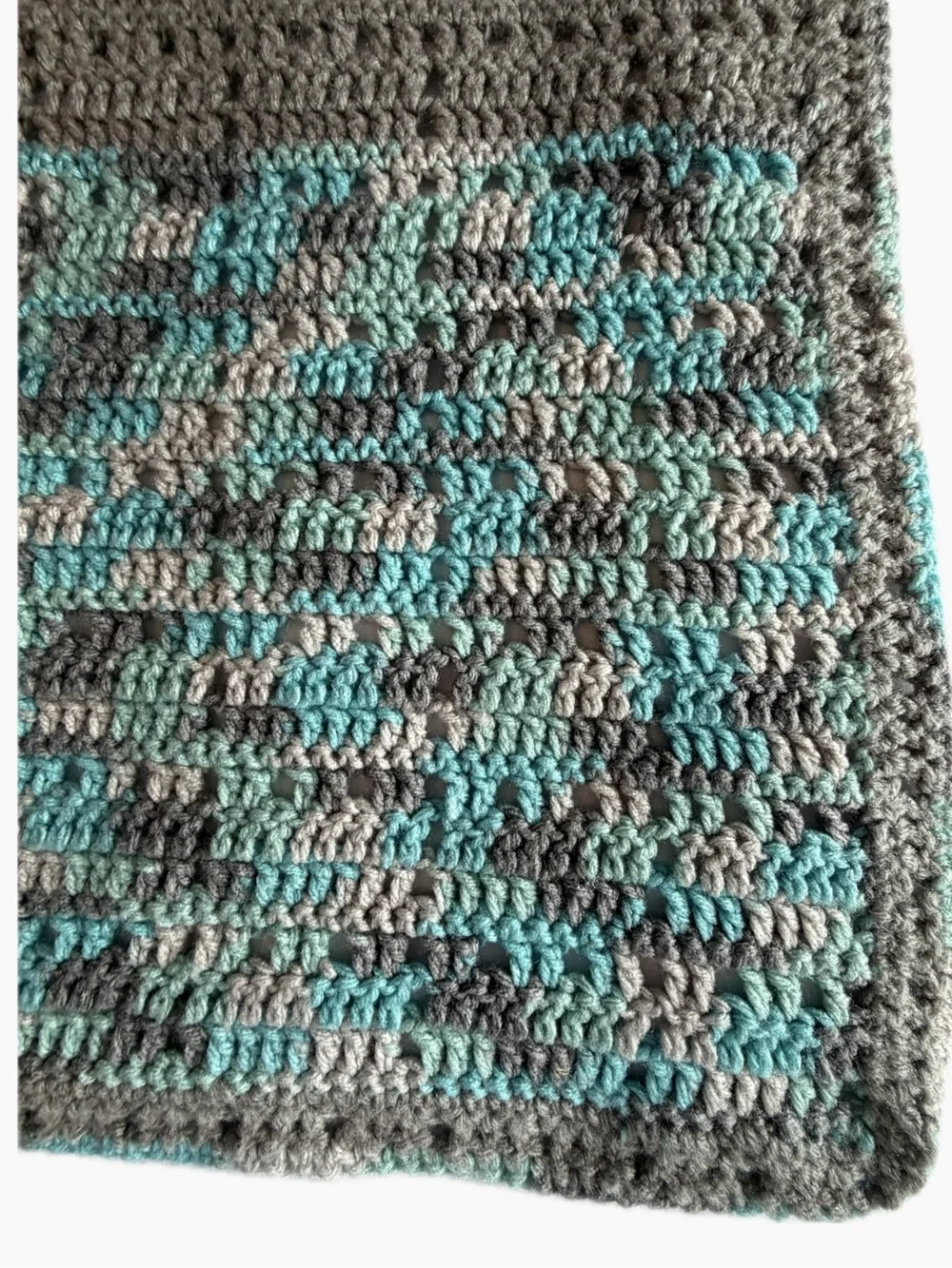 Crochet  lap/baby blanket handmade, variegated teal and grey. Cozy Home Accent